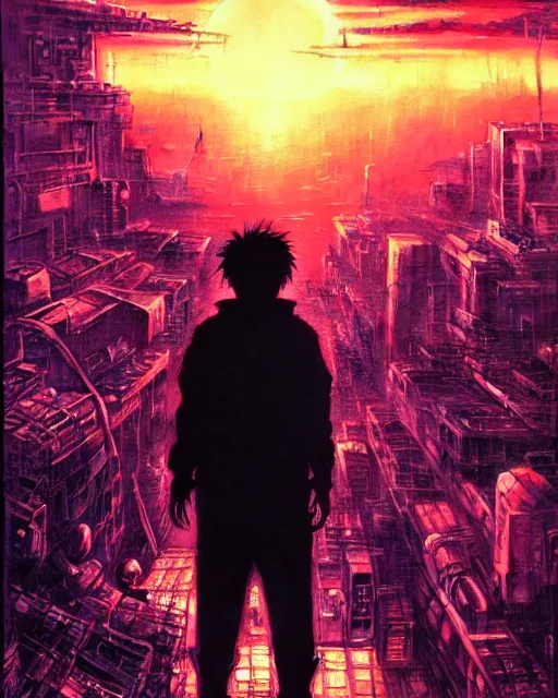 Image similar to tetsuo over neo - tokyo, silhouetted by a red sun | anime, matte painting, dystopian megacity neo - tokyo akira, shaded perfect, fine details. realistic shaded lighting anime manga artwork by katsuhiro otomo, akira, artgerm, jeremy lipkin and michael garmash and rob rey