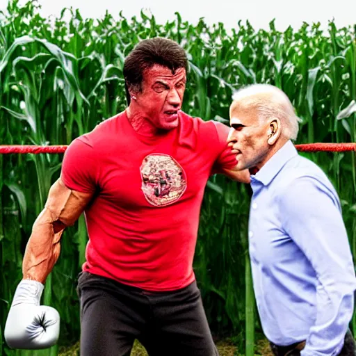 Prompt: Sylvester Stallone punching joe biden in a corn maze