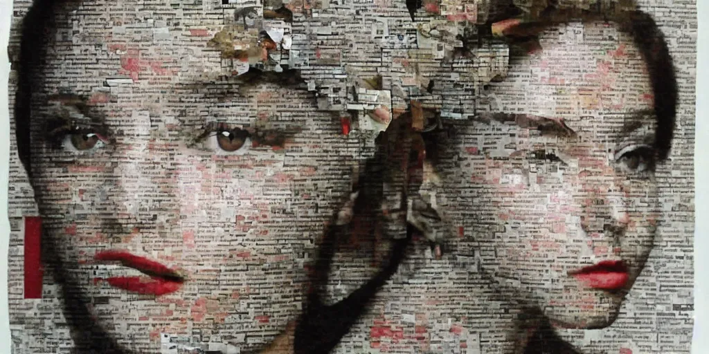 Image similar to beautiful portrait of a woman made up of images cut out of a magazine, contrast, texture,