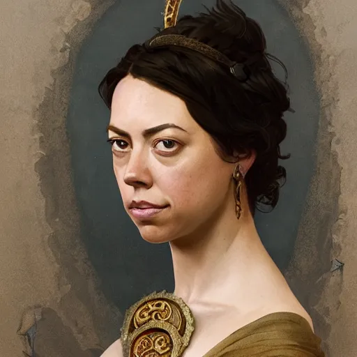 Image similar to Aubrey Plaza as a noble in the Roman period, intricate, highly detailed, digital painting, artstation, concept art, sharp focus, illustration, art by greg rutkowski and alphonse mucha