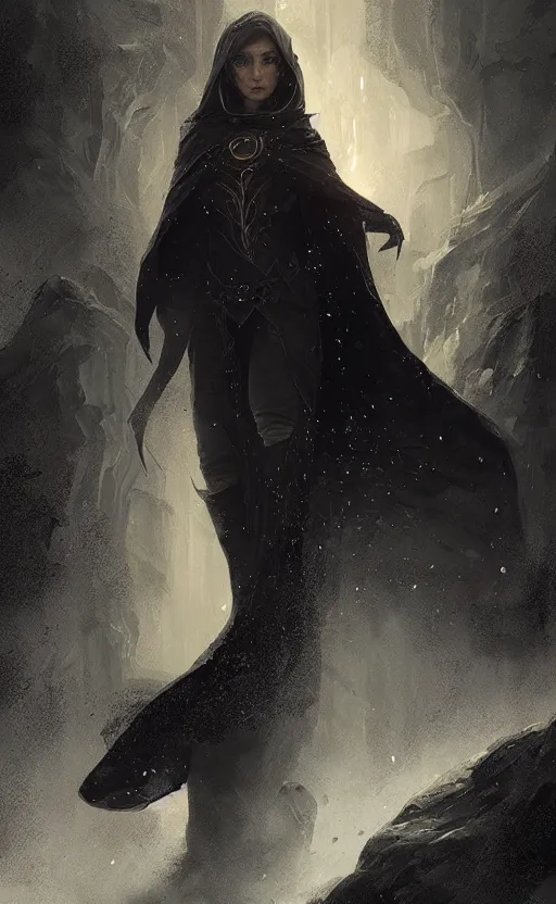 Prompt: Portrait of an elf in a black cloak with glowing eyes, detailed face, fantasy, highly detailed, cinematic lighting, digital art painting by greg rutkowski