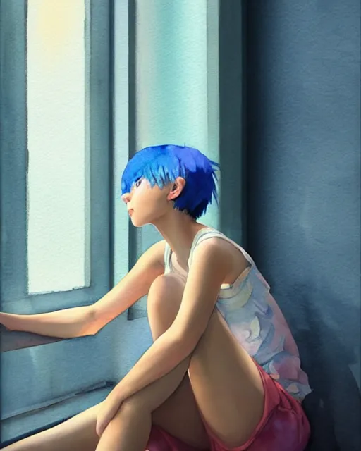 Prompt: watercolor painting of a pretty girl with short Blue hair, wearing a Tank top and shorts, sitting by a windowsill, In the style of ilya kuvshinov, dramatic lighting, fantasy, intricate, elegant, highly detailed, lifelike, photorealistic, digital painting, bokeh, HDR, high resolution, artstation, concept art, smooth, sharp focus, art by Krenz Cushart and Albert Aublet