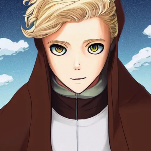Prompt: blonde boy with glowing eyes wearing a brown cape and flying, in the style of studio ghibli, artgerm