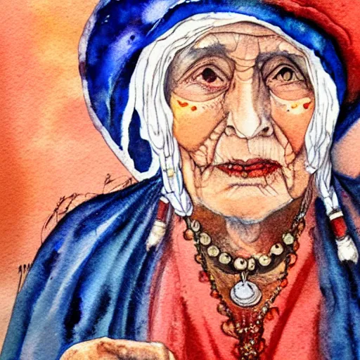 Image similar to Portrait of an old gypsy crone. Fortune teller. Watercolor