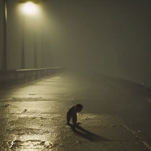 Prompt: contre - jour photo of a monkey smoking a cigarette on a bridge at night under rain, lightened by street lamps, award winning photography