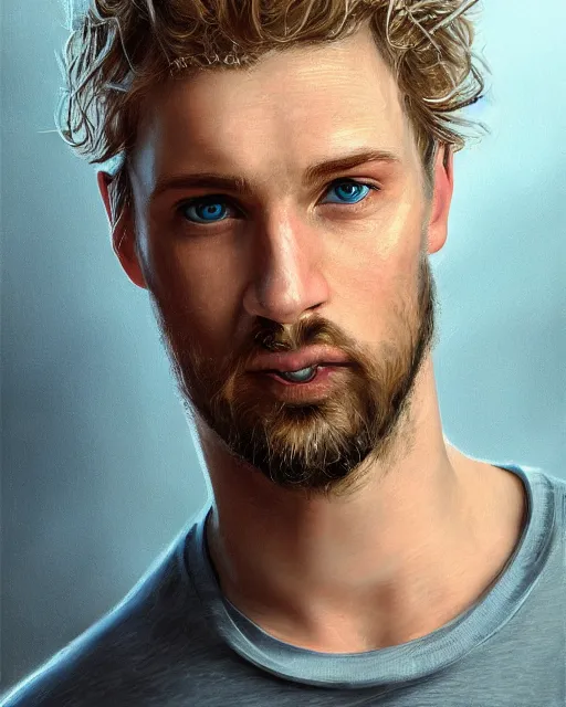 Image similar to portrait of a man in his mid - twenties with dull blue eyes, curly blond hair, short goatee, ultra realistic, epic, highly detailed, hd, sharp focus, cinematic lighting, realistic, dreamy, vivid colors, dreary, morose, matt painting, digital art, non blurry, sharp, artstation, concept art, smooth, comic book style, illustration