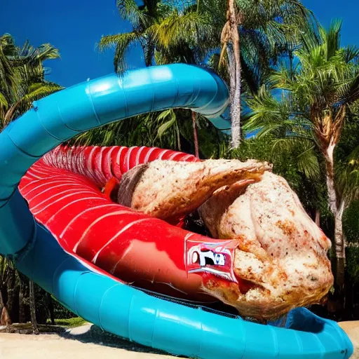 Image similar to photo of an enormous raw chicken emerging from the bottom of a waterslide at a water park on a sunny day in the style of a coca cola ad