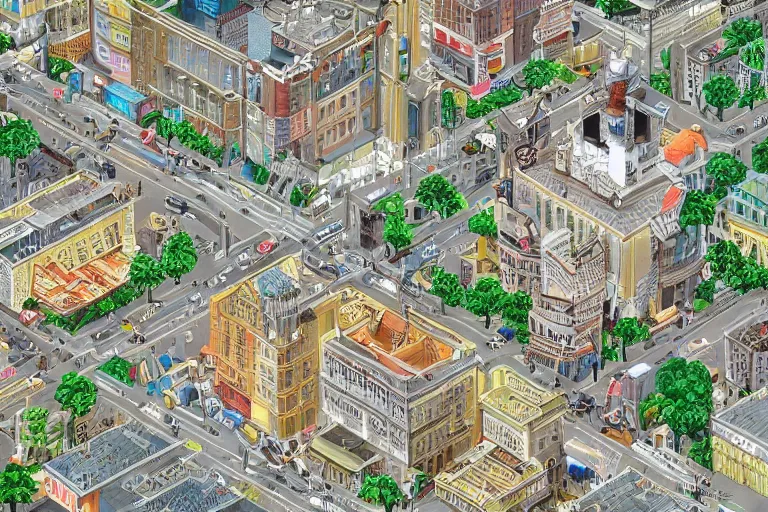 Image similar to highly detailed isometric illustration of a city scape by Wes Anderson, hyperrealistic, photorealistic, artstyle, highly detailed, sharp