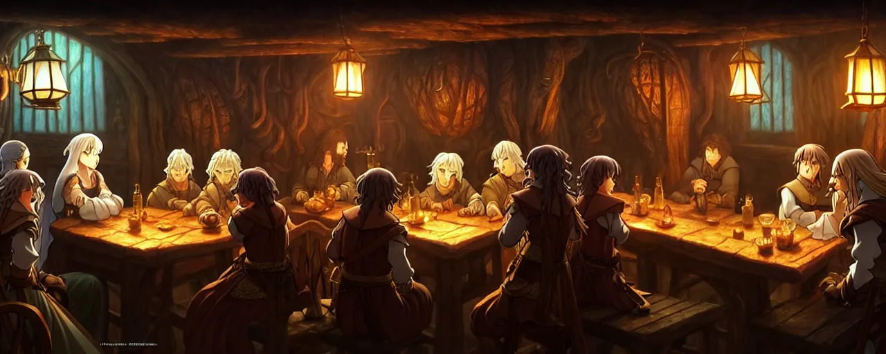 Prompt: A multidimensional cozy tavern, screenshot from medieval Lord of the rings anime hidden object game, cinematic lighting, epic composition, cartoon, animation, background art, post processing, 8K resolution, elegant, highly detailed, digital painting, artstation, concept art, matte, sharp focus, illustration, art by da Vinci, Artgerm and Greg Rutkowski and Alphonse Mucha and billy butcher