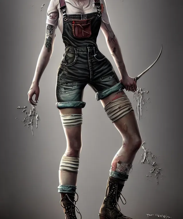 Prompt: full body pose, grungy, dirty ciri, torn overalls, short shorts, combat boots, fishnets, beautiful, highly detailed face, true anatomy!, extremely detailed!, digital painting, unreal engine 5, art by tom bagshaw