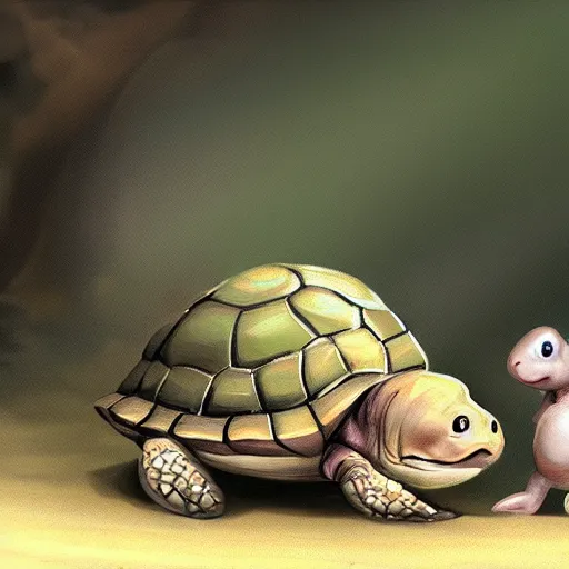 Image similar to baby turtle playing with a baby rabbit, concept art, painting, highly detailed