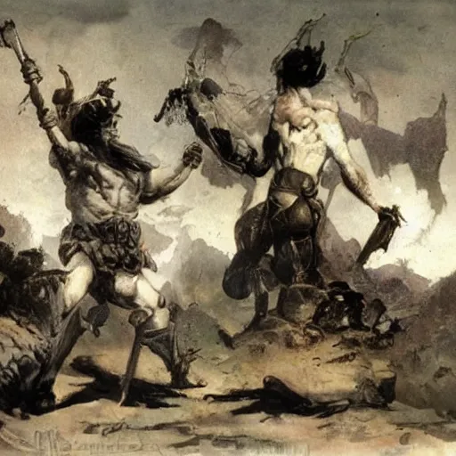 Image similar to by Frank Frazetta style, barbarian with extraordinary muscle structure with long sword, wide view, deep depth of field, denoise