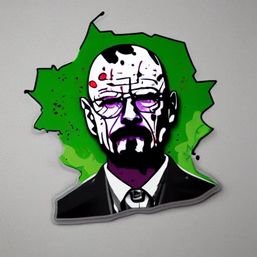 Image similar to die cut sticker, walter white wearing the joker outfit, splatter paint