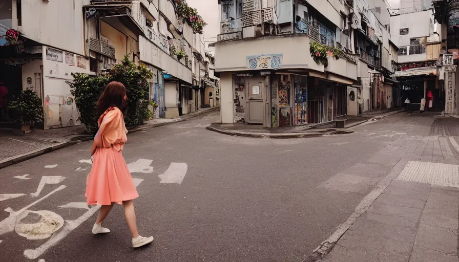 Image similar to a 3 5 mm photo by petra collins of a beautiful day in a city that looks like toyko, paris, kyoto and jiufen, cinematic lighting, cinematic look, golden hour, the clouds are epic and colorful with cinematic rays of light, a girl walks down the center of the street in a gucci dress, uhd