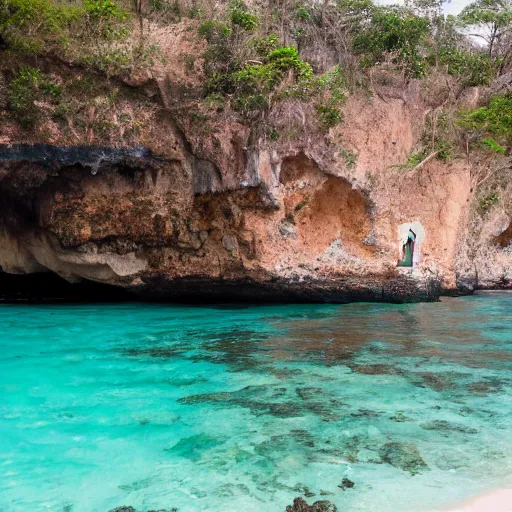 Image similar to photo of a jamaican shoreline cliff with a cave and a spanish galleon in the foreground