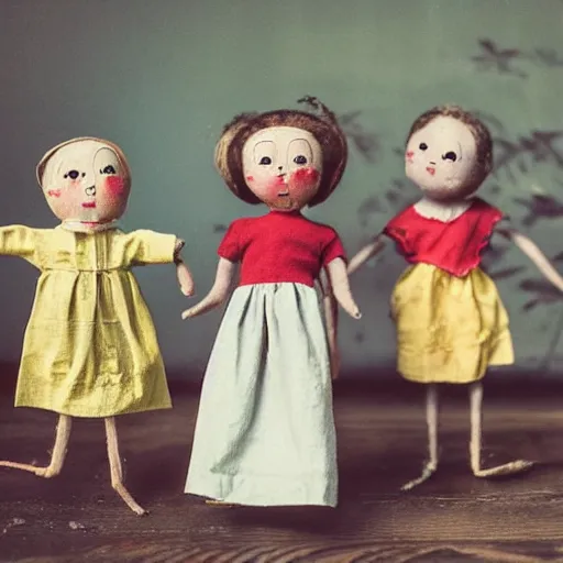 Image similar to 1 9 5 0 s children wooden puppet dolls comming to life, scary, fear, horror, thriller, cinematic still, jumping towards viewer, jump scare, pov, wide shot, polaroid,