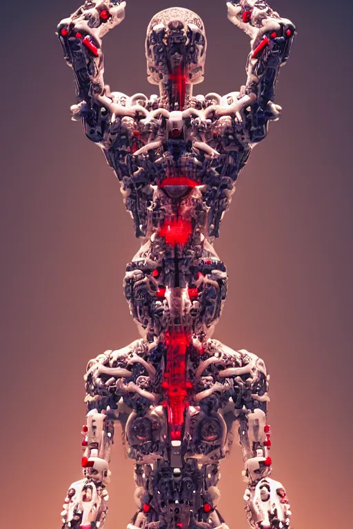 Prompt: forest white cross on background a statue jesus on cross made of red marble hands nailed to a cross perfect symmetrical body full shot inflateble shapes white biomechanical details, wearing epic bionic cyborg implants, masterpiece, intricate, biopunk, vogue, highly detailed, artstation, concept art, cyberpunk, octane render