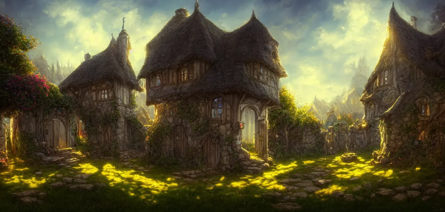 Prompt: an illustration of the small medieval fantasy garden house in a town and beautiful blue sky scenery, cinematic view, epic sky, detailed, concept art, low angle, high detail, warm lighting, volumetric, godrays, vivid, beautiful, trending on artstation, by jordan grimmer, huge scene, grass, art greg rutkowski