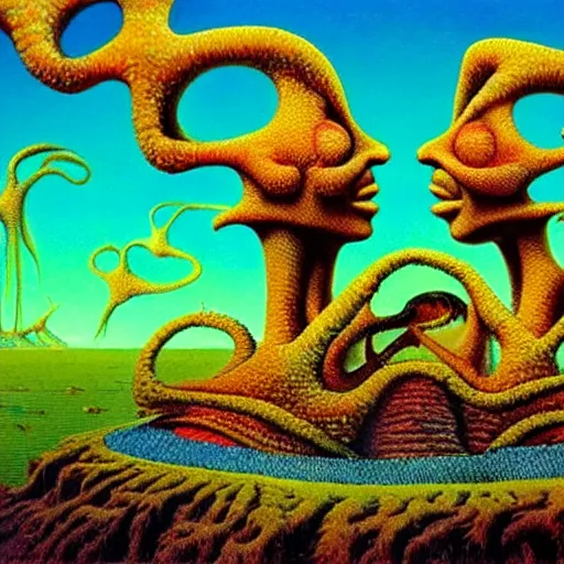 Image similar to color masterpiece surreal closeup portrait photography of cheech and chong by michael cheval, surreal epic psychedelic smoke complex biomorphic 3 d fractal landscape in background by kilian eng and roger dean and salvador dali and beksinski, 4 k,