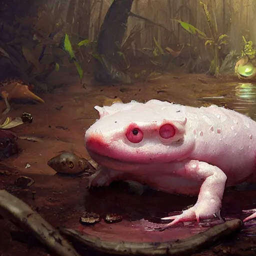 Image similar to Cute marshmallow axolotl crawling from a cacao swamp, salamander, candy world, oil painting, by Greg Rutkowski