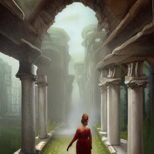 Image similar to a realistic painting hazy misty mythical spirit walking around the ruins of an old roman city in the style of elizabeth jane gardner