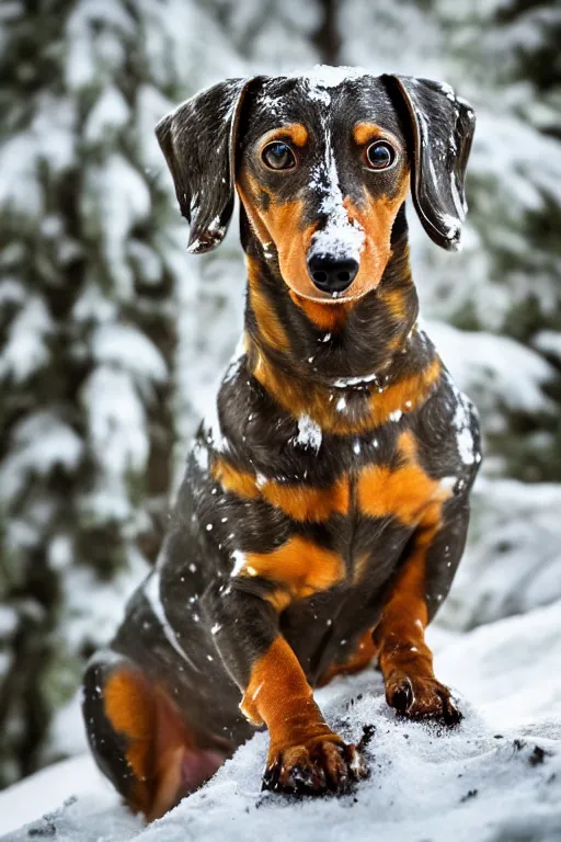 Prompt: beautiful photo of a dappled dachshund with green eyes playing in a snow forest in the early hours of the morning with morning fog and snow. sunrise. nature. photography. national geographic. detailed face and fur, ultra hd, sharp. volumetric lighting, hasselblad. nikon z 9. 1 0 0 mm. f / 2. 5