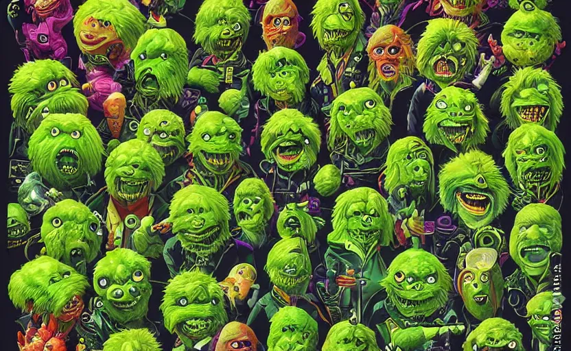 Image similar to an army of different green tennis ball monsters, in space, digital art, fantasy, magic, chalk, trending on artstation, ultra detailed, detailed, fine details, professional illustration by basil gogos