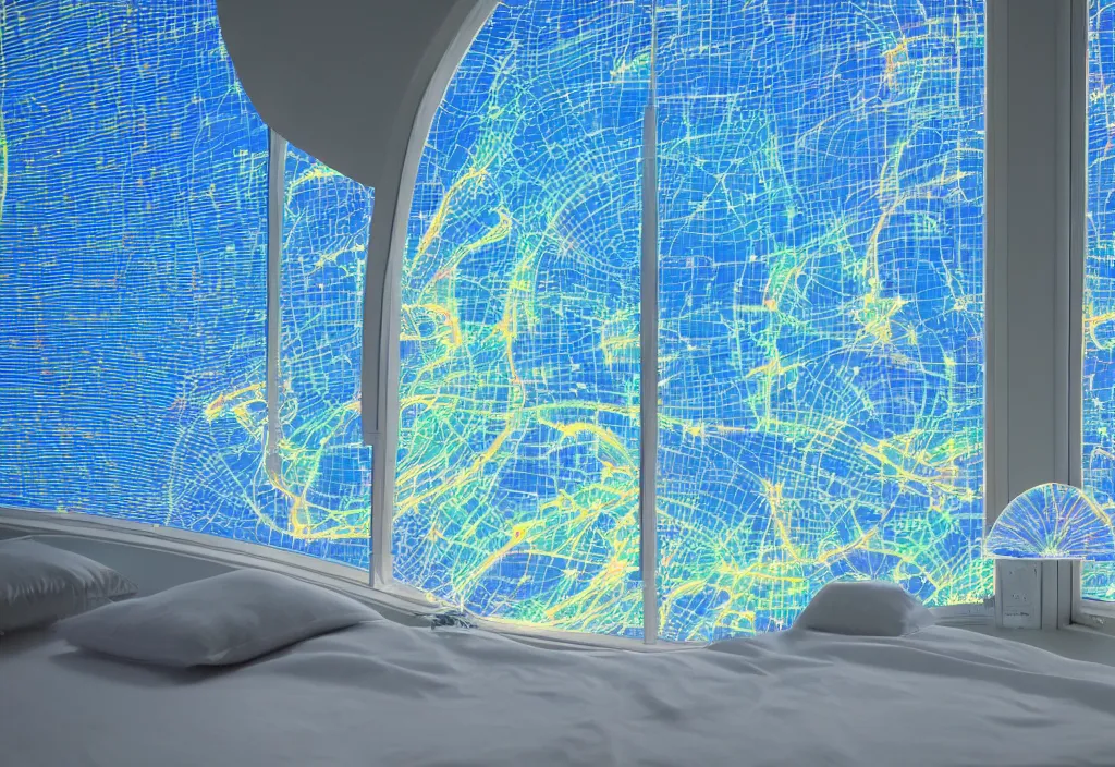 Image similar to curved translucent windows projecting florida holographic weathermap, pixel perfect photograph, thin glowing lights, bedroom, visor, users, pair of keycards on table