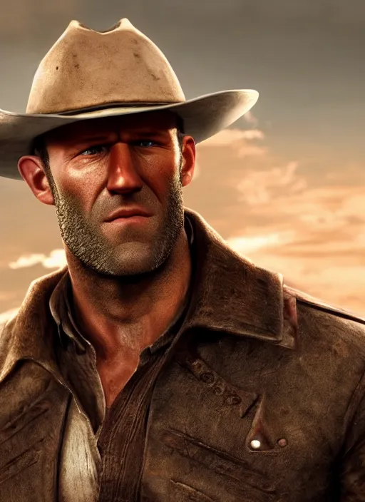 Prompt: an film still of jason statham as cowboy with beard, western background, unreal engine. amazing likeness. very detailed.