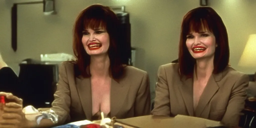 Image similar to still frame of Geena Davis in Pulp Fiction laughing hysterically over a joke