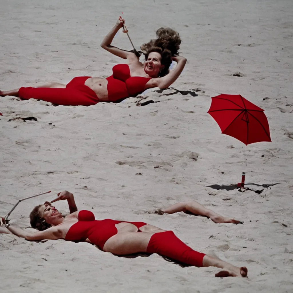 Prompt: margaret thatcher sunbathing, wearing red bikini, on a pristine beach with white sand, under an umbrella made from straws