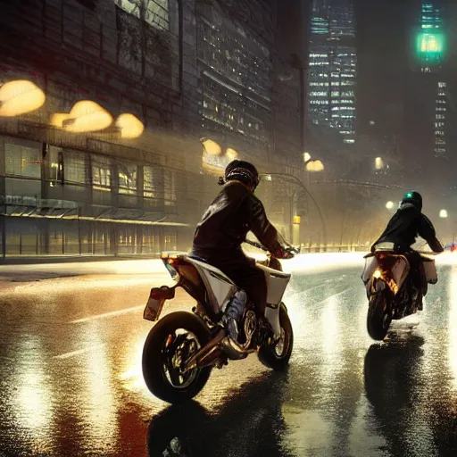 Image similar to highly detailed, photo realistic, drz 4 0 0 s at night in the rain driving on a city street, dense fog, unreal engine, by greg rutowski, by stanley artgerm, by alphonse mucha