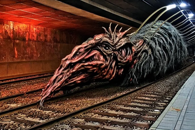 Image similar to very large giant mutant zombie irradiated ( angry rat ) staying on railways in tonnel of moscow subway. tonnel, railways, giant angry rat, furr, fangs, very realistic. extreme long shot, rusty colors, ( herman nitsch, giger ), anish kapoor.