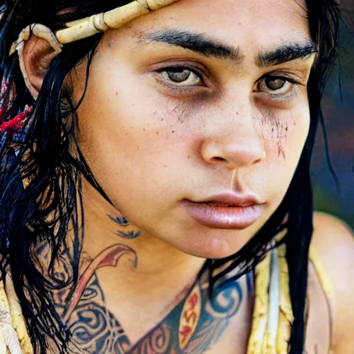 Image similar to a portrait of a maori girl with bottom lip tattoos female, dark eyes, dark hair, olive skin, depth of field, zeiss lens, detailed, centered, artstation, fashion photoshoot, by Annie Leibovitz and Steve McCurry, David Lazar, Jimmy Nelsson, Breathtaking, 8k resolution, extremely detailed, beautiful, establishing shot, artistic, hyperrealistic, beautiful face, octane render