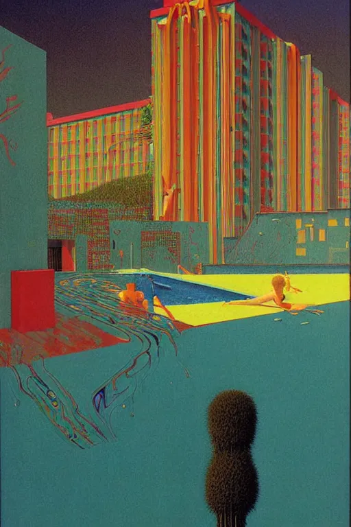 Image similar to 8 0 s art deco motel with swimmingpool, cinematic dramatic cyberpunk textural fluid lines otherworldly vaporwave interesting details fantasy lut epic composition by basquiat zdzisław beksinski james jean artgerm rutkowski moebius francis bacon gustav klimt