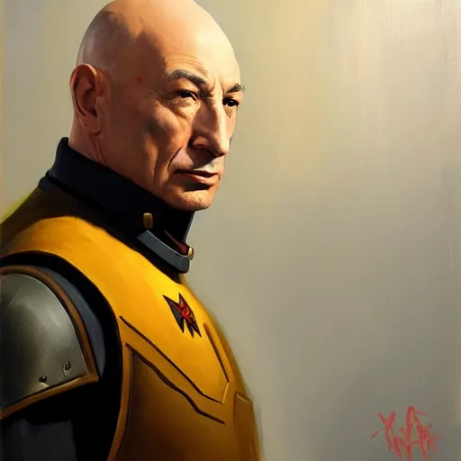 Image similar to greg manchess portrait painting of partially armored jean luc picard as overwatch character, medium shot, asymmetrical, profile picture, organic painting, sunny day, matte painting, bold shapes, hard edges, street art, trending on artstation, by huang guangjian, gil elvgren, ruan jia, greg rutkowski, gaston bussiere