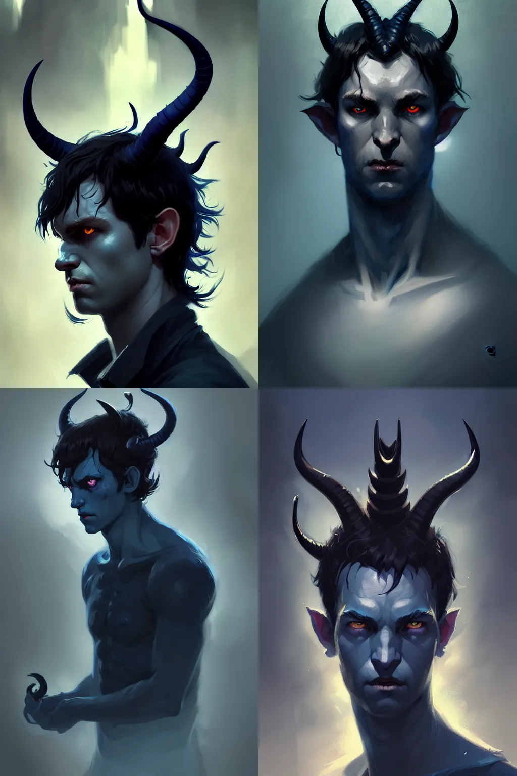 Prompt: portrait of a sad dark blue tiefling boy with horns and shaggy long dark hair and pitch black hollow eyes, soft soft rounded face face face by Greg Rutkowski, concept art, sharp focus, illustration, intricate, highly detailed