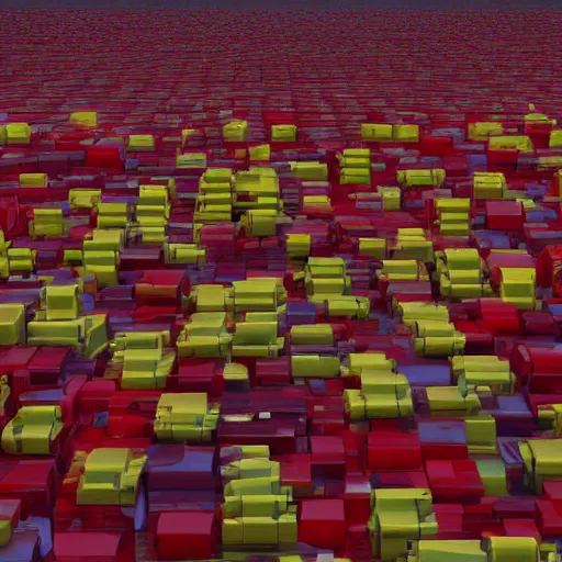 Prompt: a bunch of yellow and red boxes stacked on top of each other, a raytraced image by huang ding, cgsociety, generative art, rendered in cinema 4 d, terragen, physically based rendering