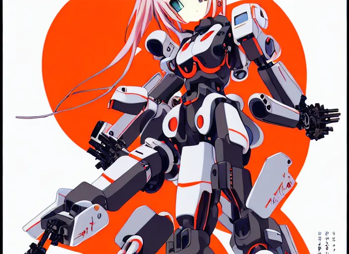 Image similar to anime girl beside her battle mecha,Karolis Strautniekas, omoide emanon, tsuruta kenji, murata range,kawaii, kyoto animation, manga, intricate, detailed, studio lighting, orange red black white, gradation,editorial illustration, matte print, Ilya Kuvshinov, fine stippling