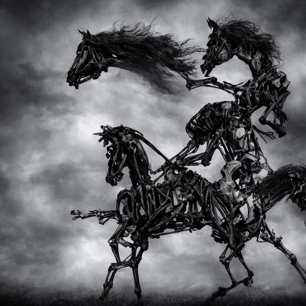 Image similar to a skeleton in a dark veil on a horse, dark and mysterious, stopped in time, atmospheric, ominous, eerie, cinematic, epic, 8 k, 4 k, ultra detail, ultra realistic