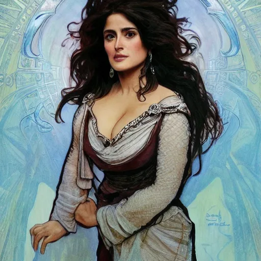 Image similar to salma hayek head and shoulders portrait by alfons mucha, playful, fantasy, medieval, beautiful face, perfect detailed eyes, vivid colrs, elegant, concept art, sharp focus, digital art, hyper - realistic, 4 k, unreal engine, highly detailed, hd, dramatic lighting by brom, trending on artstation