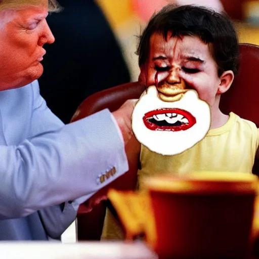 Image similar to crying donald trump in a highchair with pudding on face, gettyimages,