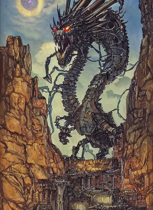 Image similar to detailed fantasy comic book drawing of a ( giant mechanical dragon ) over a ( stronghold castle ) by dariusz zawadski and simon stalenhag, simon bisley!, jack kirby!!! and gris grimly, cinematic, epic, awesome color palette, hard contrast, ink outlines