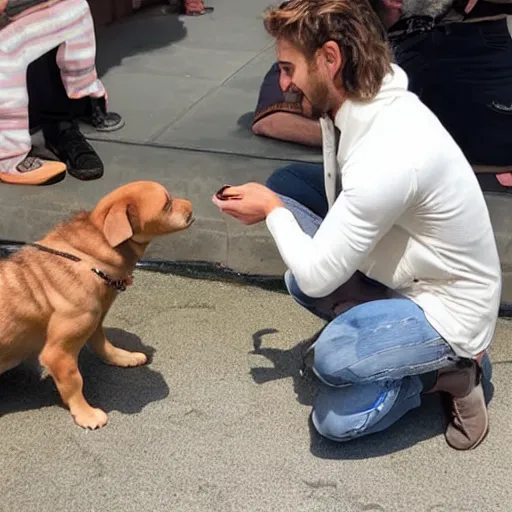 Prompt: gigachad petting a puppy