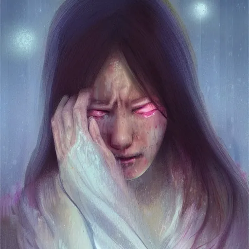 Prompt: girl sitting crying, night, cold weather, emotional oil painting, digital art, trending on artstation, by Yoshitaka Amano, highly detailed