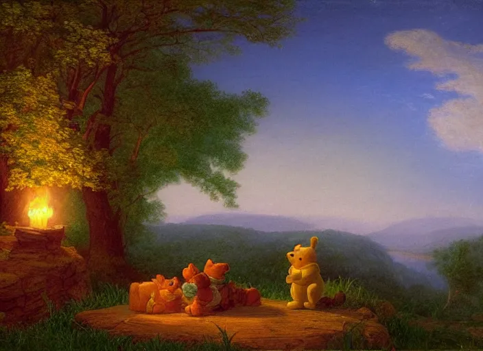 Image similar to american realist romanticism landscape painting of winnie the pooh characters at night, colorful paper lanterns, in the style of hudson river school and thomas cole and albert bierstadt and robert duncanson