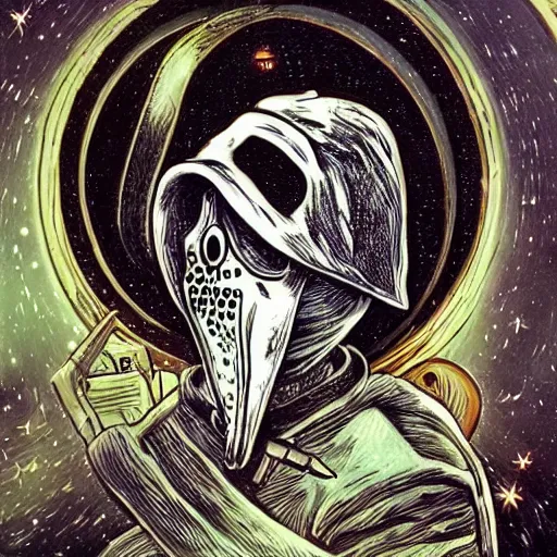 Image similar to a portrait of a plague doctor gunslinger in the abyss of deep space photorealistic, detailed photography, divinity, awful, cosmic horror, religious art