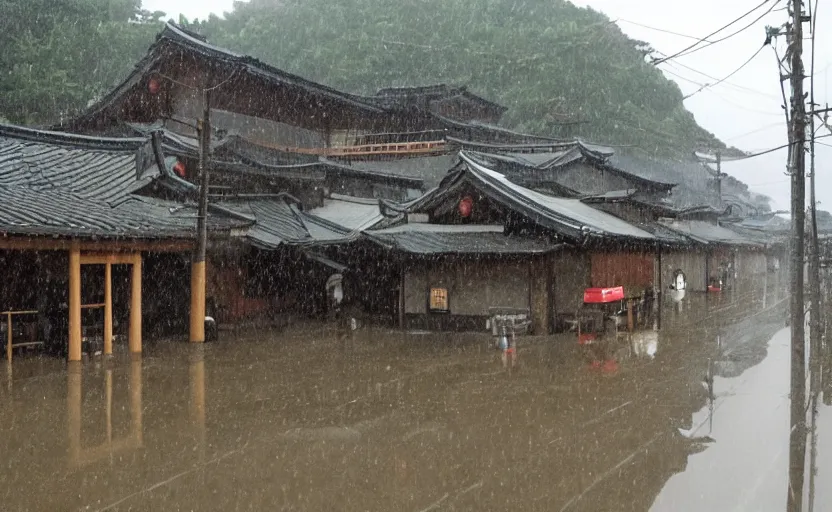 Prompt: A japanese village in pouring rain