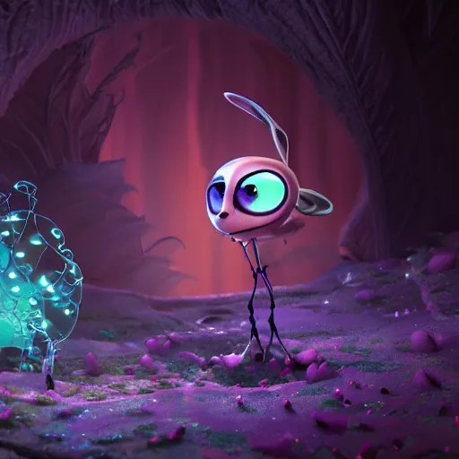 Image similar to tiny hades, expressive eyes, floating, rbc, radiolaria, bunny, protophyta, micro - organisms, center frame, symmetric, rim light, marine microbiology, bioluminescence, electric, fur, soft, concept art, intricate details, highly detailed, colorful, photorealistic, disney pixar, octane render, iridescent, anime