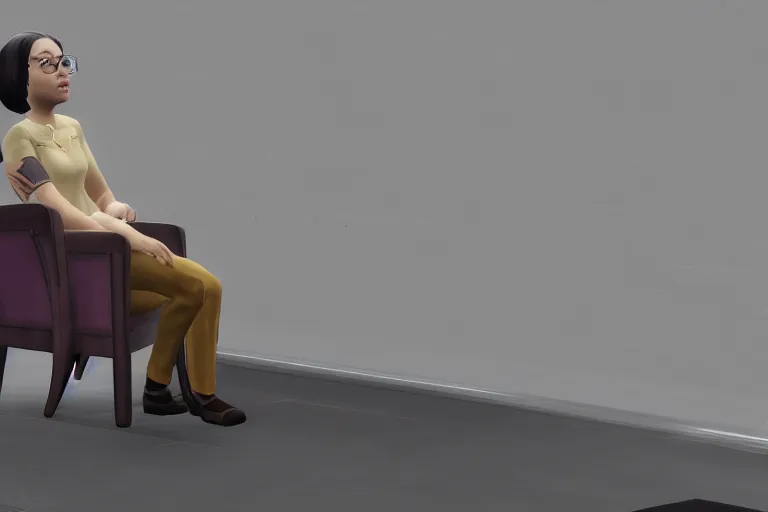 Image similar to a photo of a sim character annoyed at a chair, photorealistic, dramatic, game footage, 8 k